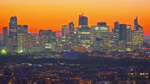 View from the Eiffel Tower to the business district of Defense at sunset. Paris Stock Footage 313146218