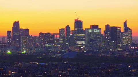 View from the Eiffel Tower to the business district of Defense at sunset. Paris Stock Footage 314432268
