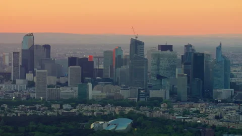 View from the Eiffel Tower to the business district of Defense at sunset. Paris Stock Footage 314432365