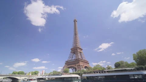 View of Eiffel Tower from the cruise ship on the Seine river, France Stock Footage 315489740