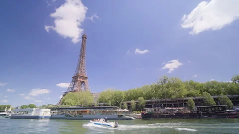 View of Eiffel Tower from the cruise ship on the Seine river, France Stock Footage 315489742