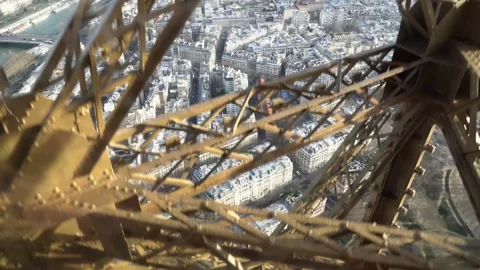 View from the Eiffel Tower elevator showing the intricate metal framework Stockbeeldmateriaal 330616080
