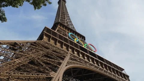 View of the Eiffel Tower with the Olympic rings, Olympic Games in Paris. Metal Stock-Footage 282209696