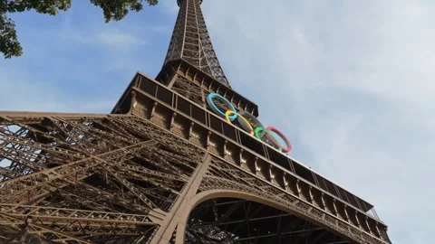 View of the Eiffel Tower with the Olympic rings, Olympic Games in Paris. Metal Stock-Footage 282209724