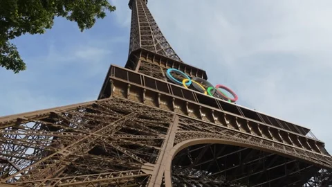 View of the Eiffel Tower with the Olympic rings, Olympic Games in Paris. Metal Stock-Footage 282209764