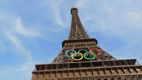View of the Eiffel Tower with the Olympic rings, Olympic Games in Paris. Metal Stock-Footage 282209794