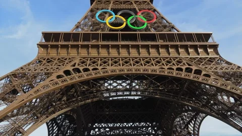 View of the Eiffel Tower with the Olympic rings, Olympic Games in Paris. Metal Stock-Footage 282209797