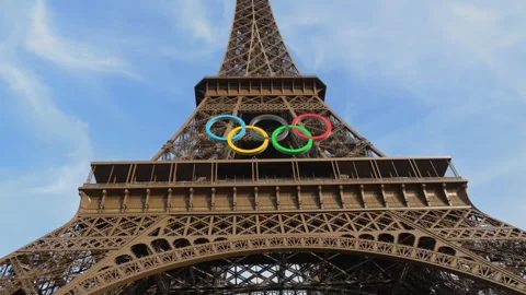 View of the Eiffel Tower with the Olympic rings, Olympic Games in Paris. Metal Stock Footage 282209862