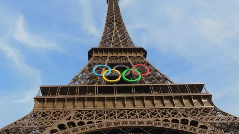 View of the Eiffel Tower with the Olympic rings, Olympic Games in Paris. Metal Stock Footage 282209891