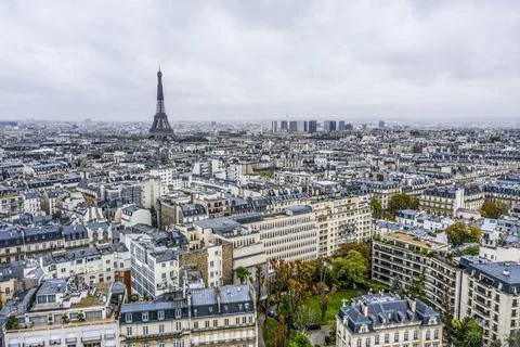 View on Eiffel tower over the roofs of Paris on a grey cloudy day Fotos Stock