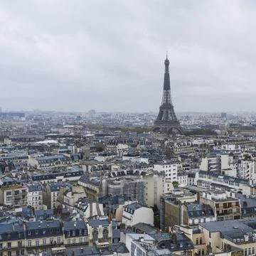 View on Eiffel tower over the roofs of Paris on a grey cloudy day Fotos Stock