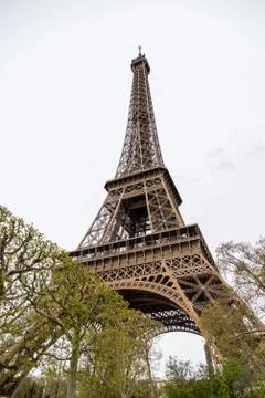 View at Eiffel Tower in Paris with trees in the foreground Stock Photos