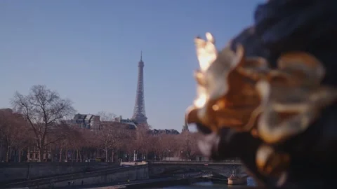 View of the Eiffel Tower in Paris as view from Alexandre III Bridge. Rack Stock Footage 236998342