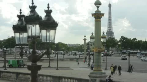 View of the Eiffel Tower from place de la Concorde, Paris, France Stock Footage