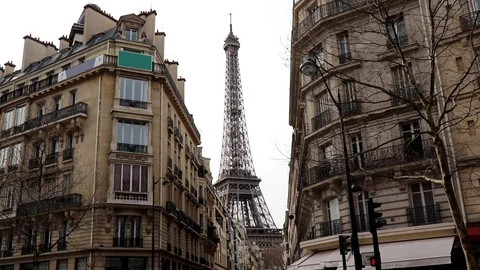 View of Eiffel Tower from a street of Paris Stock Footage 104546443