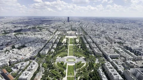 View from Eiffel Tower summit overlooking Champ de Mars in Paris, France 動画素材 337196795