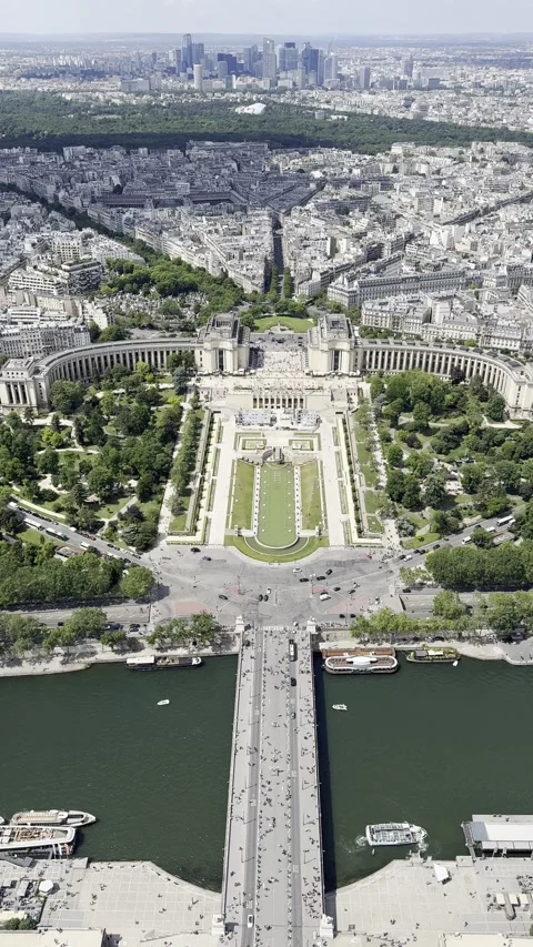 View from Eiffel Tower summit overlooking Trocadéro gardens in Paris, France Stock Footage 337196801