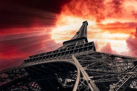 View of Eiffel Tower on sunset sky background Stock Photos