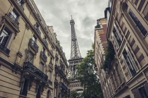 View of the Eiffel Tower from a tiny street, Paris, France Fotos de archivo