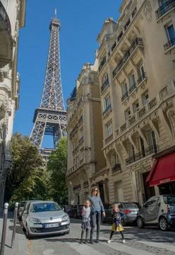  view of the Eiffel tower walking through Paris view of the Eiffel tower w... Stock Photos