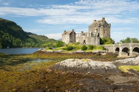 View of Eilean Donan Castle in Scottish Highlands on beautiful sunny day Stock Photos