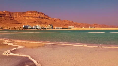View Ein Bokek resort on the Dead Sea in Israel. Stock Footage 220661501