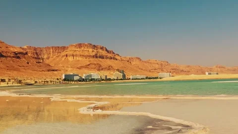 View Ein Bokek resort on the Dead Sea in Israel. Stock Footage 220669845