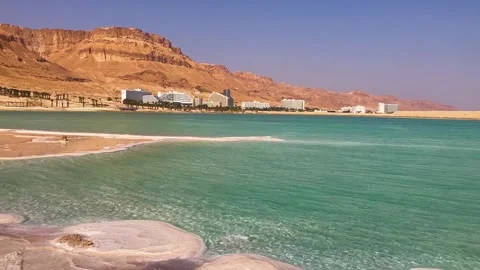 View Ein Bokek resort on the Dead Sea in Israel. Stock Footage 220672260
