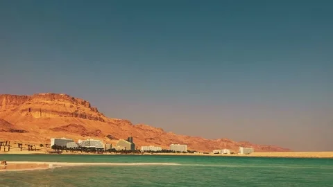 View Ein Bokek resort on the Dead Sea in Israel. Stock Footage 220672383