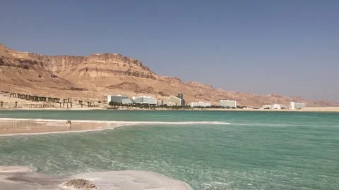View Ein Bokek resort on the Dead Sea in Israel. Stock Footage 220681139