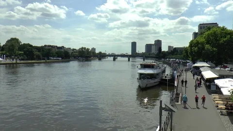 View from Eiserner Steg Footbridge looking over the Main River in Frankfurt Stock Footage 78210949