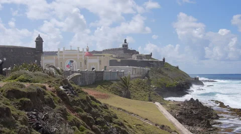 View of El Morro Castle and cemetery next to ocean Stock Footage 61315759