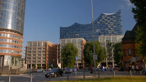 The view Elbe Promenade as well as the Elbe Philharmonic Hall, Hamburg,Germany Stock Footage 86807271