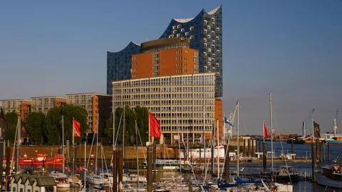 The view Elbe Promenade as well as the Elbe Philharmonic Hall, Hamburg,Germany Stock Footage 86809042
