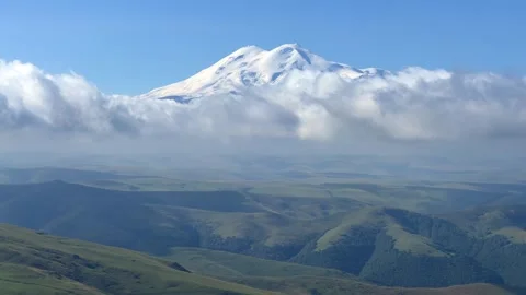 View of Elbrus from the Bermamyt plateau. Caucasus 2023.  Stock Footage 252187621