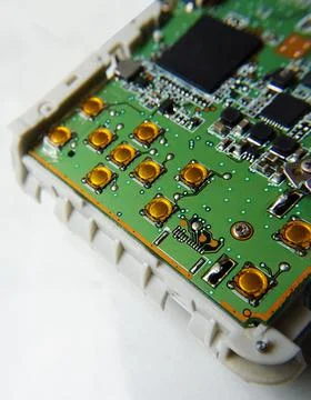 View of electronic printed circuit board with components of an equipment Foto stock