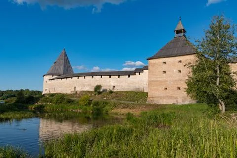 View to Elena river, Gate Tower and Strelochnaya Tower of the old medieval Ol Stock Photos