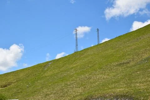 View of eletric poles in the mountain 스톡 사진