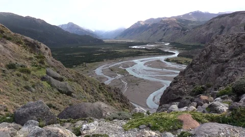 View from elevated point of channeled river in El Chalten, Patagonia. Video stock 103261337