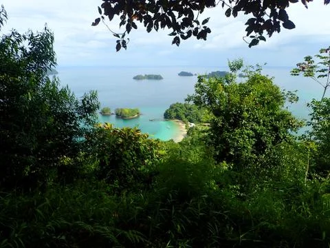 A view from elevatep point over beach in Parque Nacional de Isla Coiba, Panam Stock Photos