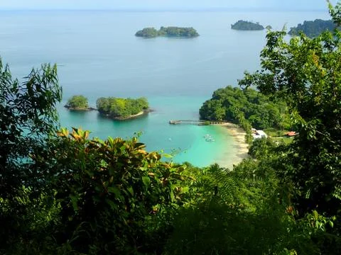 A view from elevatep point over beach in Parque Nacional de Isla Coiba, Panam Stock Photos