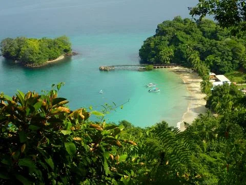 A view from elevatep point over beach in Parque Nacional de Isla Coiba, Panam Stock Photos