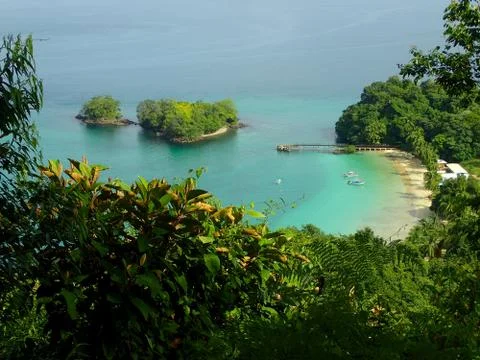 A view from elevatep point over beach in Parque Nacional de Isla Coiba, Panam Stock Photos