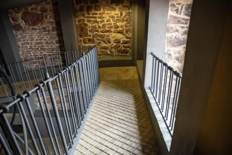 View of elevator shaft and staircase in the Astronomical Clock Tower in Pragu Stock Photos
