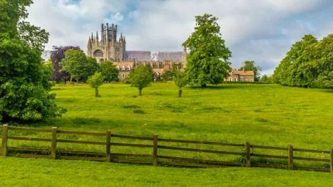 View of the Ely Cathedral from Cherry Hill Park in Ely, Cambridgeshire Stock Photos