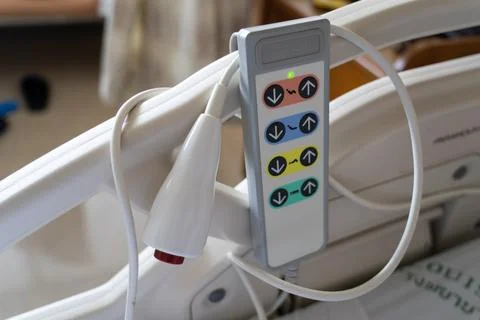 View of Emergency button and remote control for adjust patient bed in hospita Stock Photos