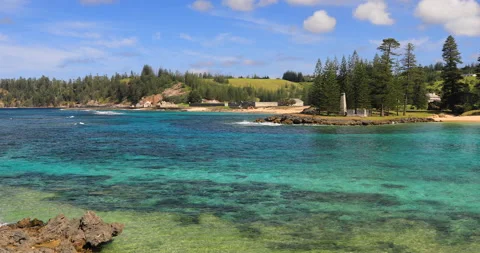 View of Emily Bay with sandy beach, Kingston, Norfolk Island, Australia Stock Footage 148453041