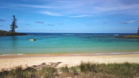 View of Emily Bay with sandy beach, Kingston, Norfolk Island, Australia Stock Footage 148470014