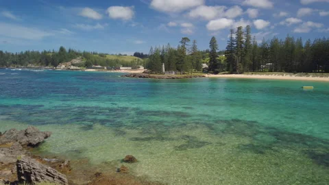View of Emily Bay with sandy beach, Kingston, Norfolk Island, Australia Stock Footage 148470702
