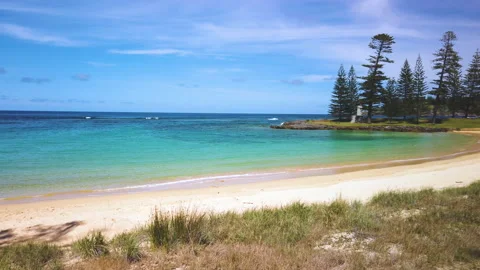 View of Emily Bay with sandy beach, Kingston, Norfolk Island, Australia Stock Footage 148474514
